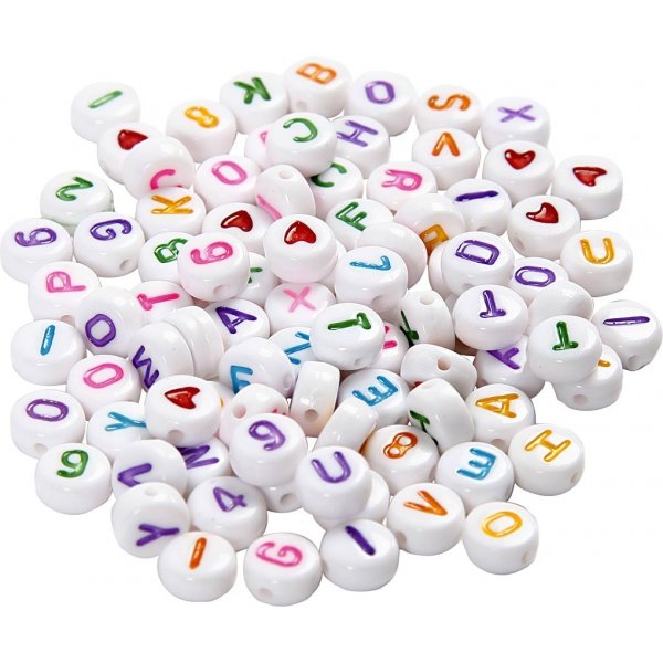 Bokstavspärlor - Vit/blandade färger - Ø7 mm - ca 200 st Bokstavspärlor - Vit/blandade färger - Ø7 mm - ca 200 st