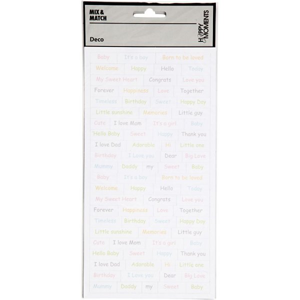 Klistremerkeark Baby pastellfarger engelske ord 12x23 cm 2x84 stk Klistremerkeark Baby pastellfarger engelske ord 12x23 cm 2x84 stk