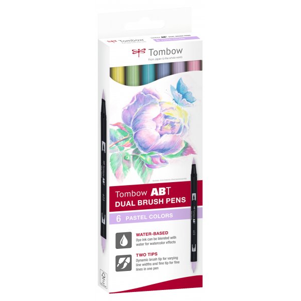 Tombow ABT dobbeltbørstepen pastel 6-pak Tombow ABT dobbeltbørstepen pastel 6-pak