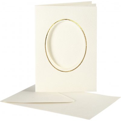 Passepartout-kort med konvolutt - off-white - oval med gullkant - 10 sett