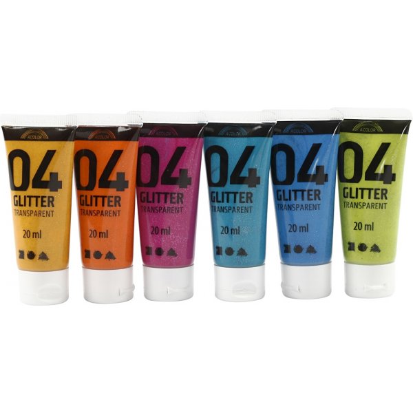 Skolfärg - Akryl - Glitter - mixade färger - 6 x 20 ml Skolfärg - Akryl - Glitter - mixade färger - 6 x 20 ml