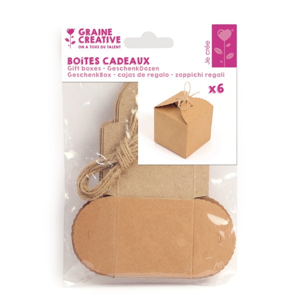 Kubformade presentaskar kraft 5 cm med snöre - 6 st Kubformade presentaskar kraft 5 cm med snöre - 6 st