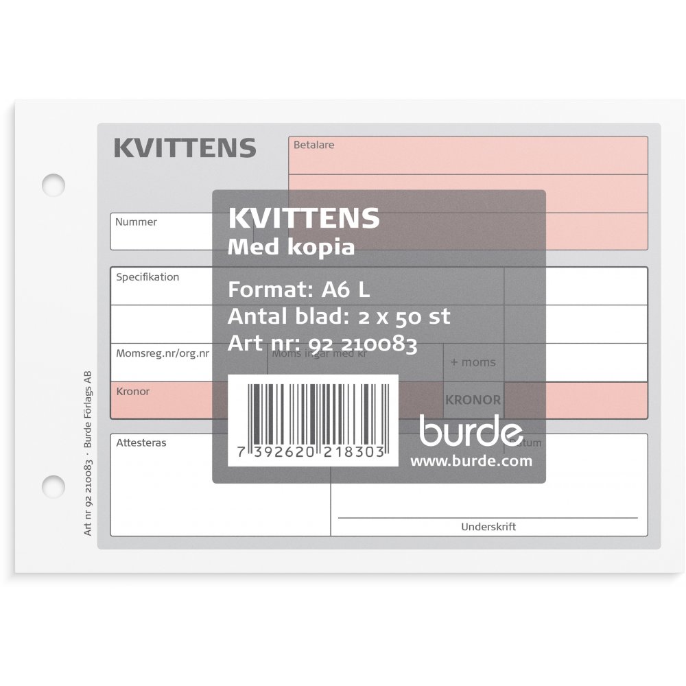 Kvittering - A6L med 1 eksemplar - Formularer, Papir, Kontorartikler