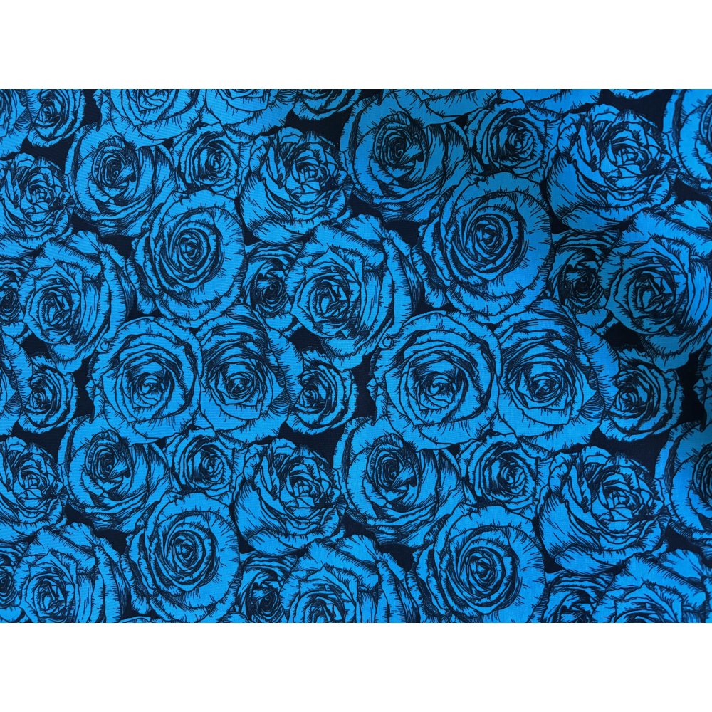 Jersey med print - Roser - Petroleumsgrøn - Strikstof med blomster og planter, Strikstof, Stof