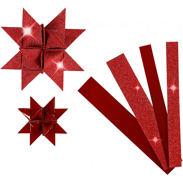 Stjernestrimler - rød - glitter, lak - Ø6,5+11,5 cm - 40 strimler Stjernestrimler - rød - glitter, lak - Ø6,5+11,5 cm - 40 strimler