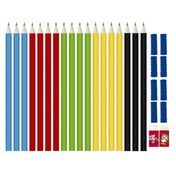 Pennset 28 delar - blyertspennor, penngrepp och suddgummin