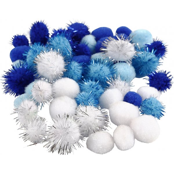 Pompomer - ljusblå - mörkblå - vit - 48 st Pompomer - ljusblå - mörkblå - vit - 48 st