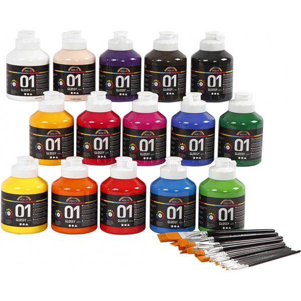 Skolfärg - Akryl - set med penslar - mixade färger - blank Skolfärg - Akryl - set med penslar - mixade färger - blank