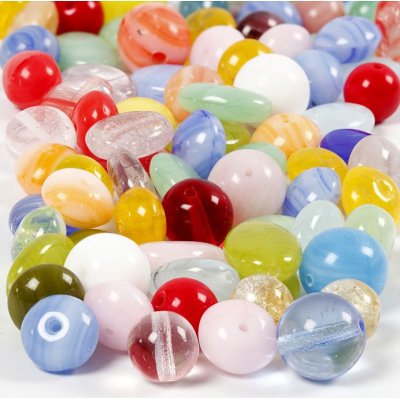Glassperler - blandede farger - ovale - runde/flate - 60 g