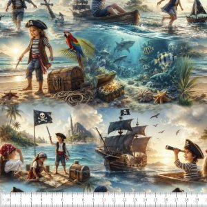 Strikstof Pirater til søs 150 cm Bomuld/Elastan - Pr. metervare Strikstof Pirater til søs 150 cm Bomuld/Elastan - Pr. metervare