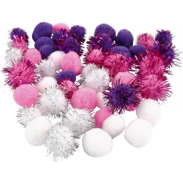 Pompomer - lila - ljusröd - vit - 48 st Pompomer - lila - ljusröd - vit - 48 st