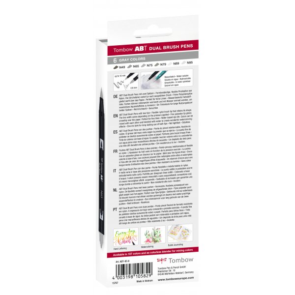 Tombow ABT Dual Brush Pen grå toner 6-pak Tombow ABT Dual Brush Pen grå toner 6-pak