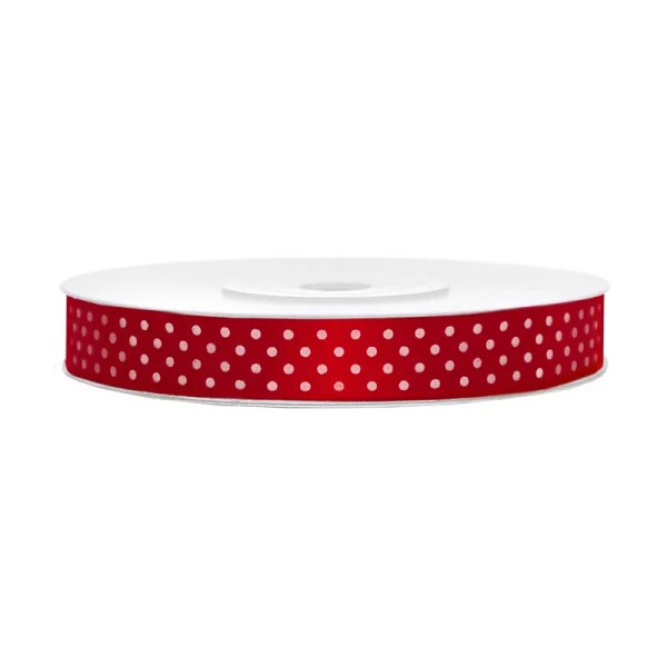 Satengb�nd med hvite prikker 12 mm x 25 m - R�d