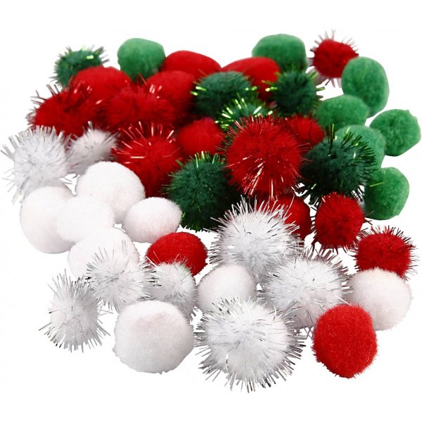 Pompomer - grön - röd - vit - 48 st Pompomer - grön - röd - vit - 48 st