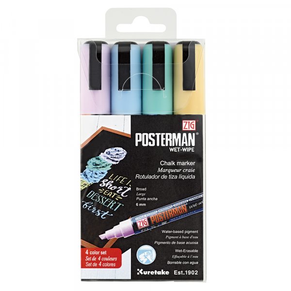 Markerpen ZIG Posterman Wet-Wipe 6mm 4 stk pastel Markerpen ZIG Posterman Wet-Wipe 6mm 4 stk pastel