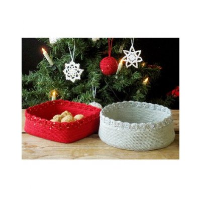 Heklemnster - Heklet dekkebrikke, serviettring, rund og firkantet kurv, juletrepynt