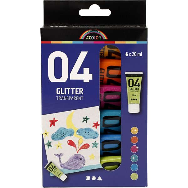 Skolfärg - Akryl - Glitter - mixade färger - 6 x 20 ml Skolfärg - Akryl - Glitter - mixade färger - 6 x 20 ml