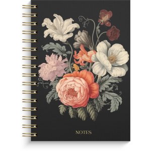 Notesbog A5 med mørke blomstermønstre, linjeret, spiralindbundet Notesbog A5 med mørke blomstermønstre, linjeret, spiralindbundet