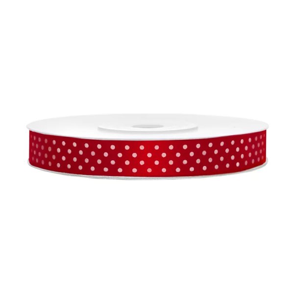 Satinband - R�d med vita prickar - 25 meter