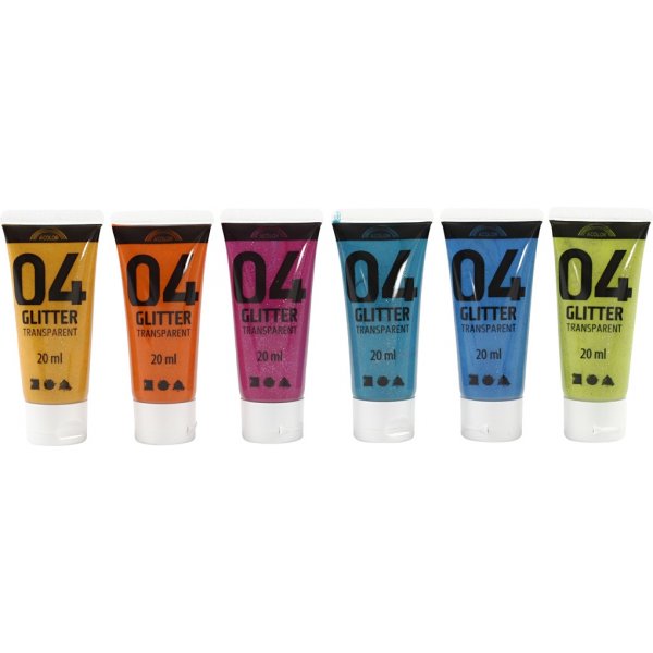 Skolfärg - Akryl - Glitter - mixade färger - 6 x 20 ml Skolfärg - Akryl - Glitter - mixade färger - 6 x 20 ml
