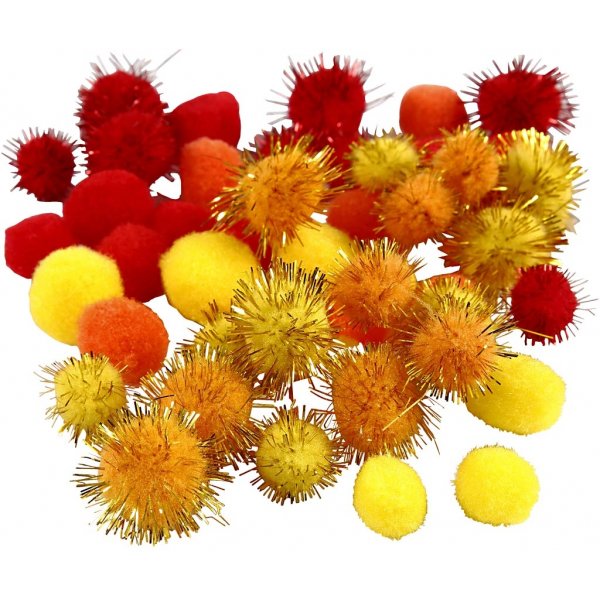 Pompomer - orange - röd - gul - 48 st Pompomer - orange - röd - gul - 48 st