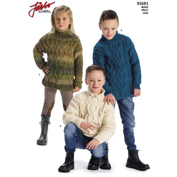 Strikkemnster - \\\"chunky\\\" - barnegenser med fletter