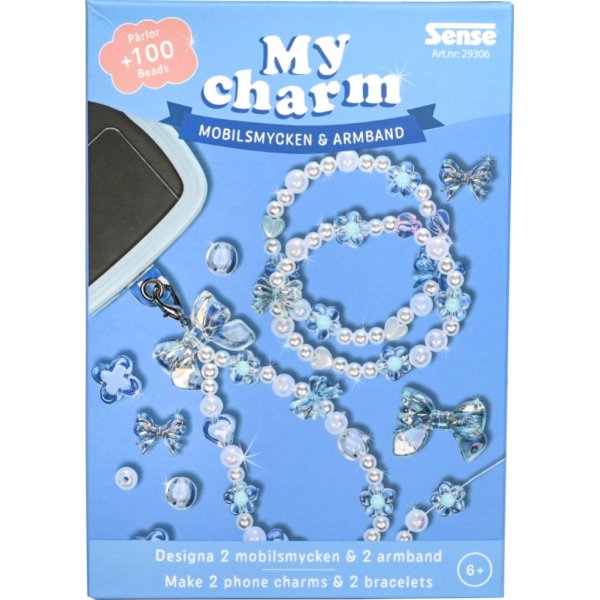 P�rlset mobil�smycke och armband bl� - g�r egna