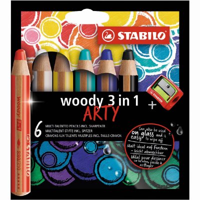 Farveblyanter Woody Arty 3-i-1 med blyantspidser - 6-pak